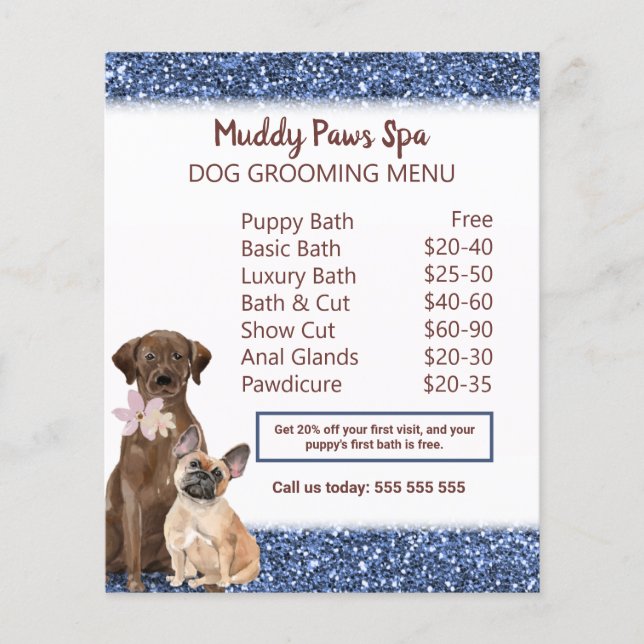 Elegant Blue Glitter Dog Grooming Menu  Flyer (Front)