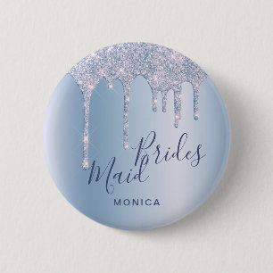 Elegant blue glitter drips bridesmaid 6 cm round badge