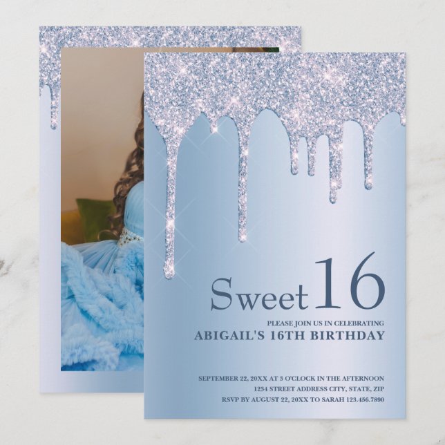 Elegant blue glitter drips sweet sixteen invitation (Front/Back)