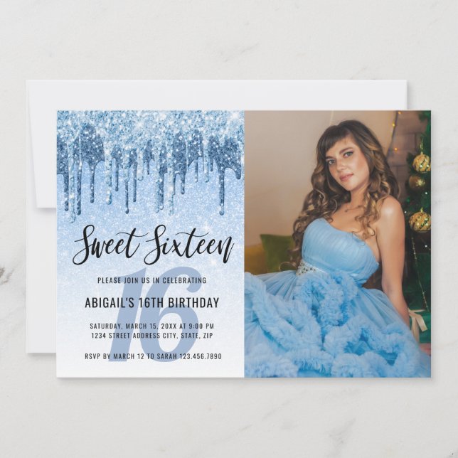 Elegant blue glitter drips sweet sixteen invitation (Front)