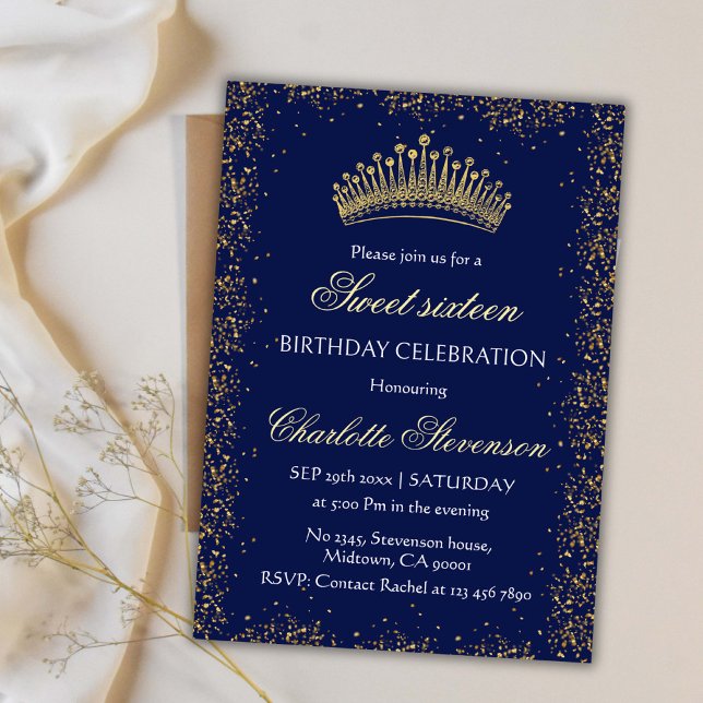 Elegant blue Glitter Gold Crown Sweet 16 Birthday Invitation (Creator Uploaded)