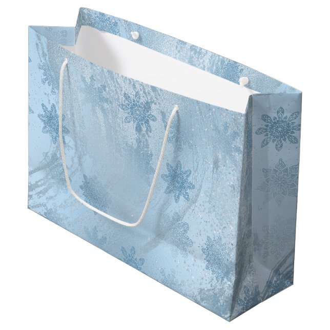 Elegant blue glitter marble snowflakes Christmas Large Gift Bag (Front Angled)