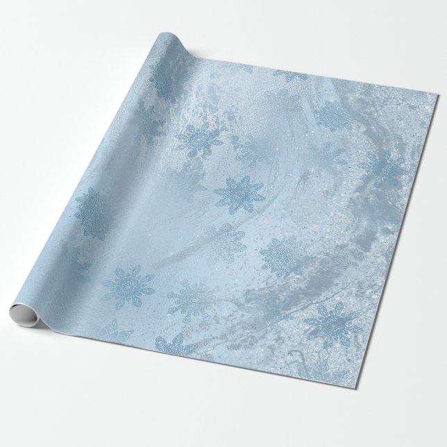 Elegant blue glitter marble snowflakes Christmas Wrapping Paper (Unrolled)