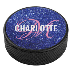 Elegant blue glitter monogram name hockey puck