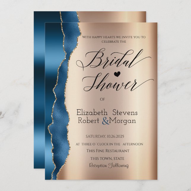 Elegant Blue Glitter Script Bridal Shower Invitation (Front/Back)