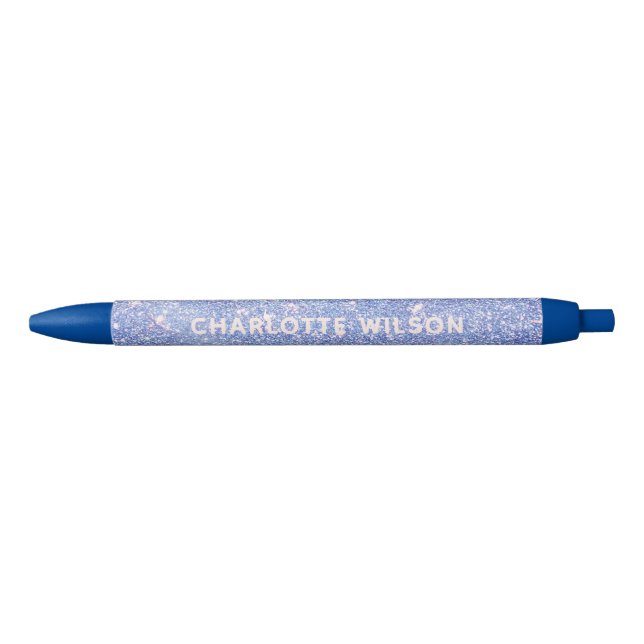 Elegant Blue Glitter Script Name Monogram Black Ink Pen (Front)