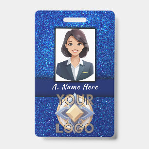 Elegant Blue Glitter Wedding Event Staff ID Name  Badge
