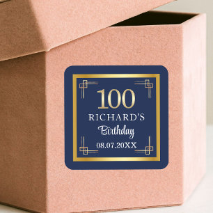 Elegant Blue Gold 100th Birthday Party Square Sticker