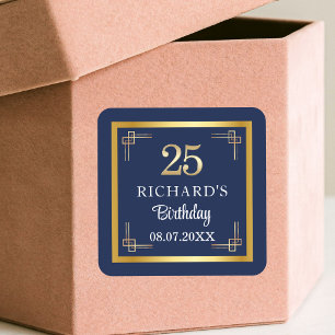 Elegant Blue Gold 25th Birthday Party Square Sticker