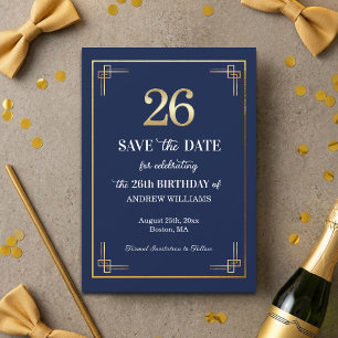 Elegant Blue Gold 26th Birthday Party Save The Date