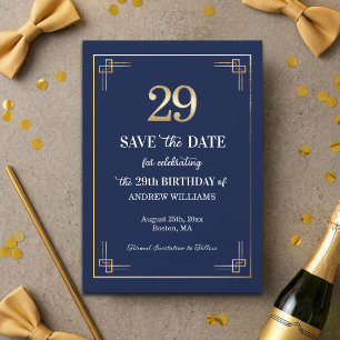 Elegant Blue Gold 29th Birthday Party Save The Date