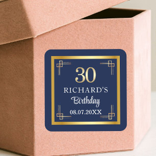 Elegant Blue Gold 30th Birthday Party Square Sticker