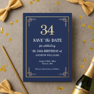 Elegant Blue Gold 34th Birthday Party Save The Date
