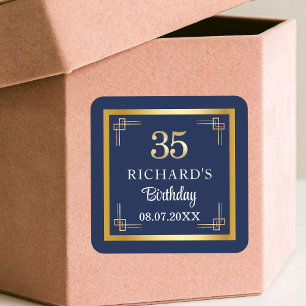 Elegant Blue Gold 35th Birthday Party Square Sticker