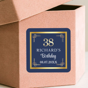 Elegant Blue Gold 38th Birthday Party Square Sticker
