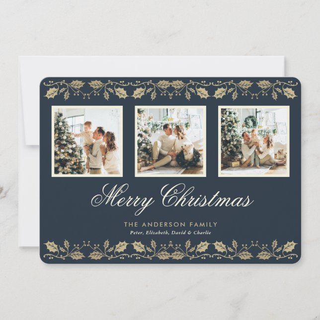 Elegant Blue Gold 3 Photo Merry Christmas Card (Front)