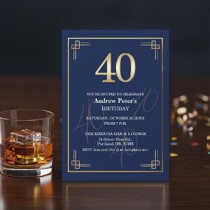 Elegant Blue Gold 40th Birthday Party Invitation