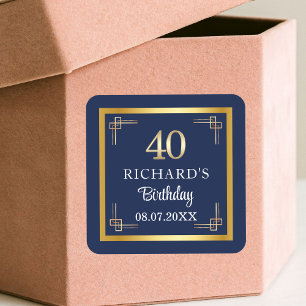 Elegant Blue Gold 40th Birthday Party Square Sticker