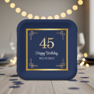 Elegant Blue Gold 45th Birthday Party Paper Plate