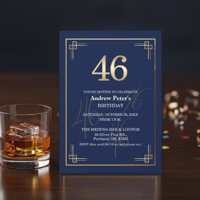 Elegant Blue Gold 46th Birthday Party Invitation (Creator Uploaded)