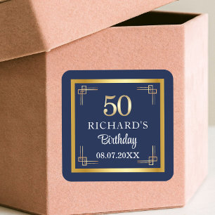 Elegant Blue Gold 50th Birthday Party Square Sticker