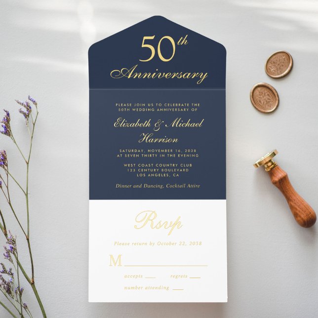 Elegant Blue Gold 50th Wedding Anniversary All In One Invitation (Creator Uploaded)