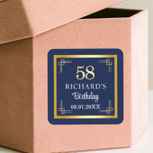 Elegant Blue Gold 58th Birthday Party Square Sticker