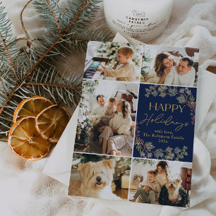 Elegant Blue Gold 5 Photo Family Holiday Card