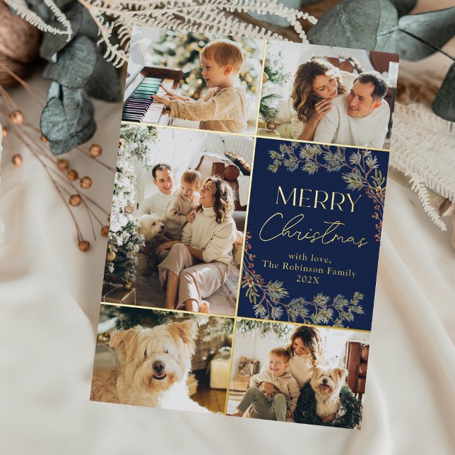 Elegant Blue Gold 5 Photo Merry Christmas Card (Creator Uploaded)