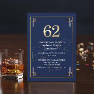 Elegant Blue Gold 62nd Birthday Party Invitation