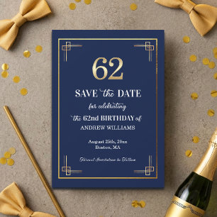 Elegant Blue Gold 62nd Birthday Party Save The Date