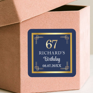 Elegant Blue Gold 67th Birthday Party Square Sticker