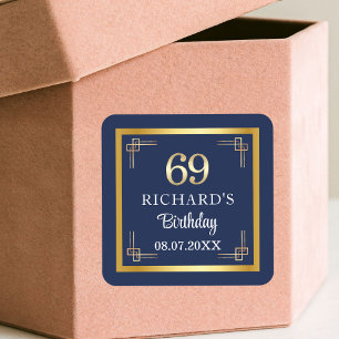 Elegant Blue Gold 69th Birthday Party Square Sticker
