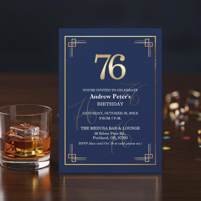 Elegant Blue Gold 76th Birthday Party Invitation (Creator Uploaded)