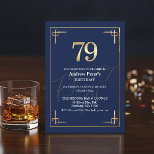 Elegant Blue Gold 79th Birthday Party Invitation