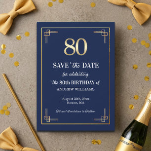 Elegant Blue Gold 80th Birthday Party Save The Date