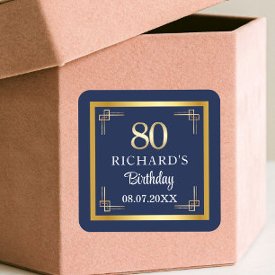 Elegant Blue Gold 80th Birthday Party Square Sticker
