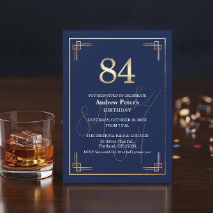Elegant Blue Gold 84th Birthday Party Invitation
