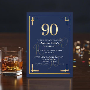 Elegant Blue Gold 90th Birthday Party Invitation
