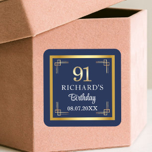 Elegant Blue Gold 91st Birthday Party Square Sticker