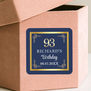 Elegant Blue Gold 93rd Birthday Party Square Sticker