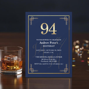 Elegant Blue Gold 94th Birthday Party Invitation