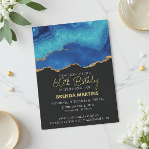 Elegant Blue Gold Abstract Marble Design Invitation