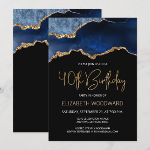 Elegant Blue Gold Agate 40th Birthday Invitation