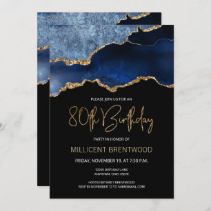 Elegant Blue Gold Agate 80th Birthday Invitation