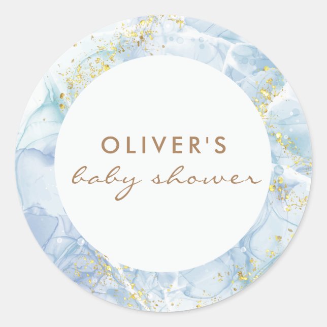 Elegant Blue Gold Agate Boy Baby Shower  Classic Round Sticker (Front)