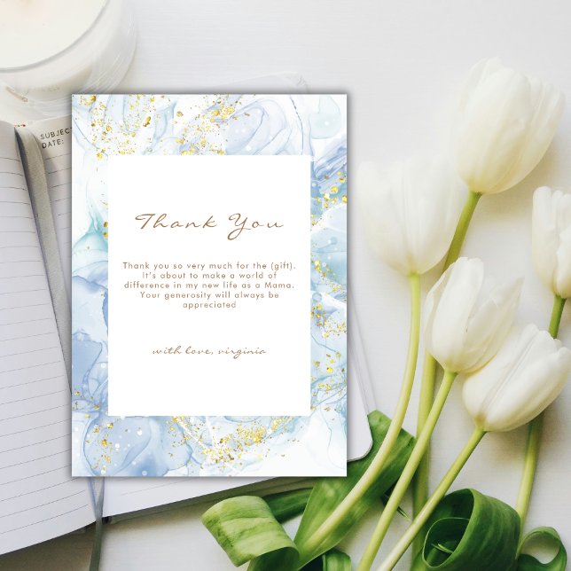 Elegant Blue Gold Agate Boy Baby Shower  Thank You Card (Elegant Blue Gold Agate Boy Baby Shower Thank You Card)