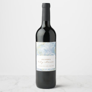 Elegant Blue Gold Agate Boy Baby Shower Wine Label