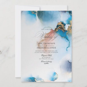 Elegant Blue & Gold Alcohol Ink with Blush Accents Invitation