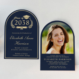 Elegant Blue Gold Arch Photo Graduation Party Invitation